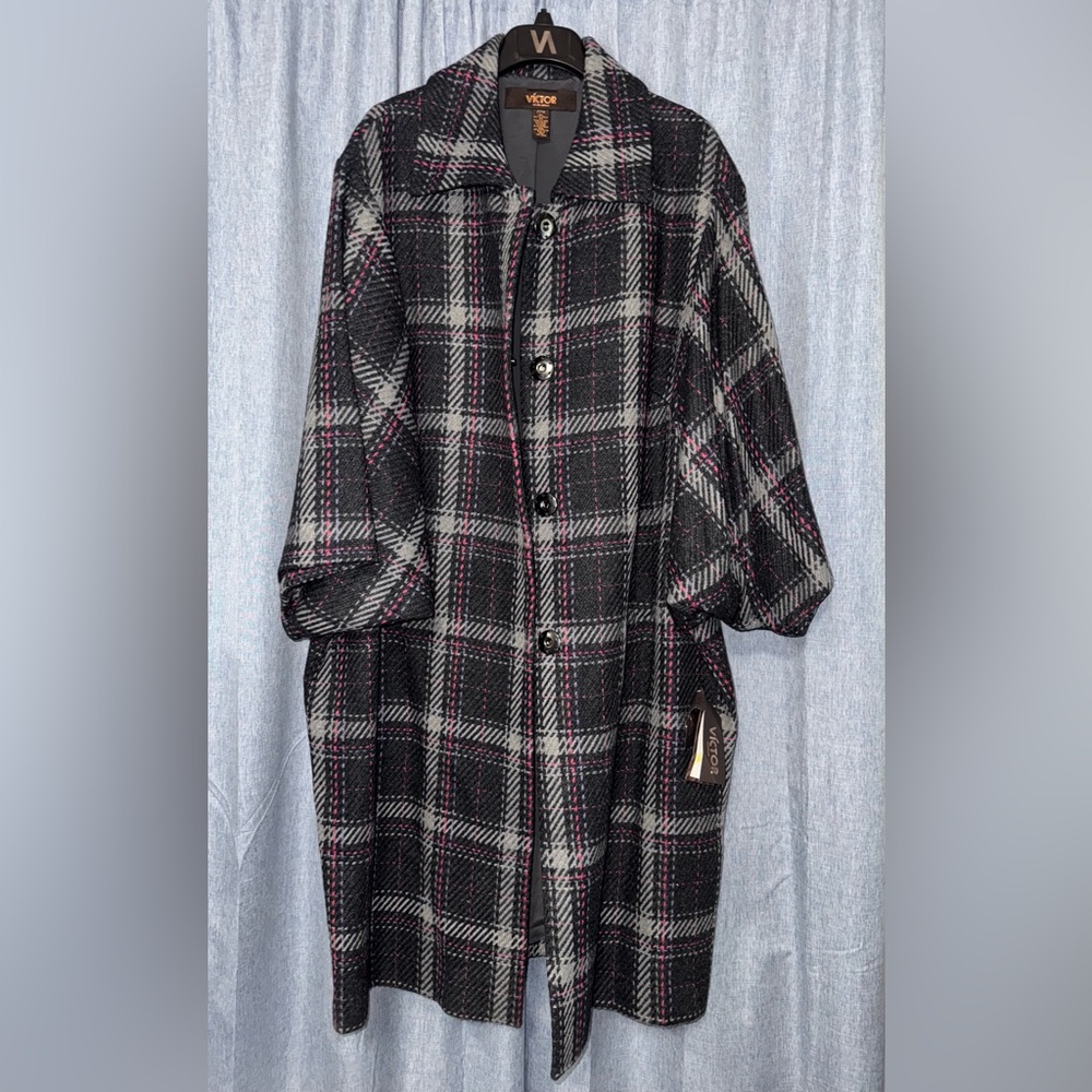 Victor Alfaro Plaid Coat with Pink and Gray Accents NWT 22W
